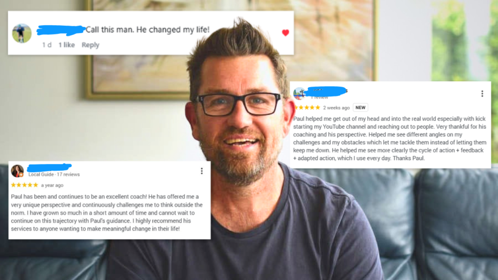 Paul Heron sitting on a couch, smiling, with client testimonials around him